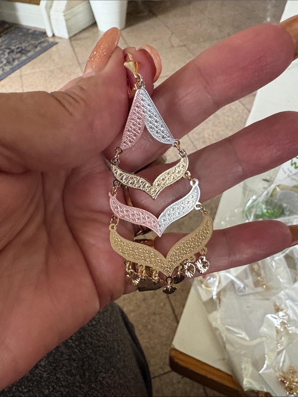 Tri-Tone Chevron Drop Earrings - Gold, Silver, Rose